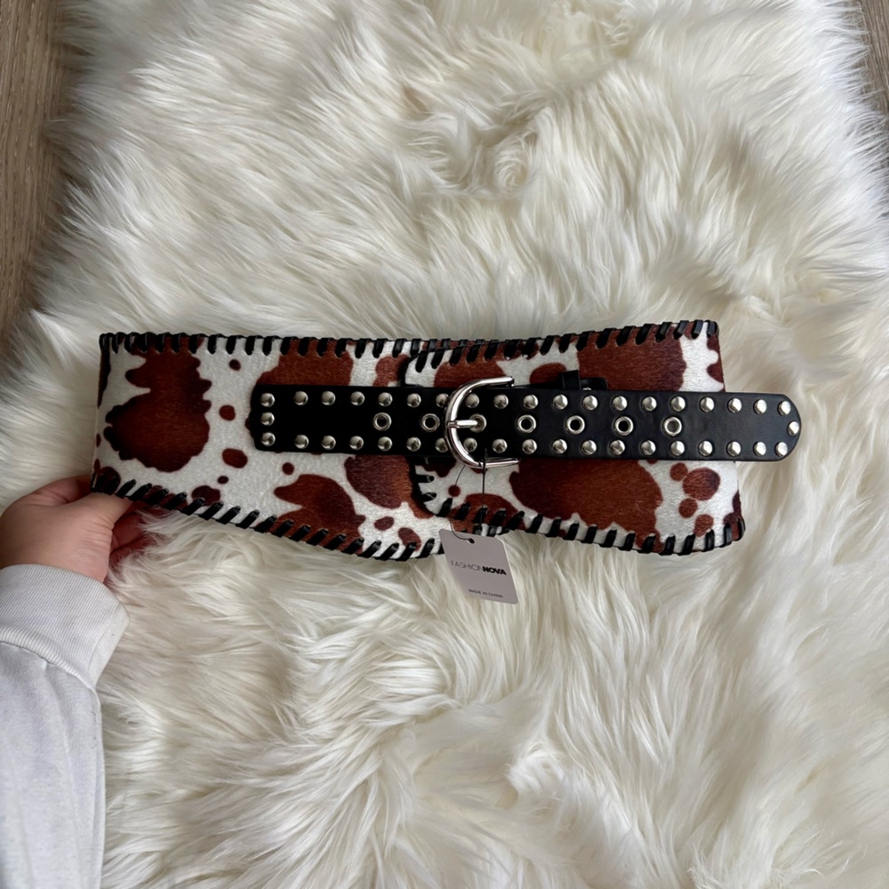 Cow Print Belt with Studded Black Strap
